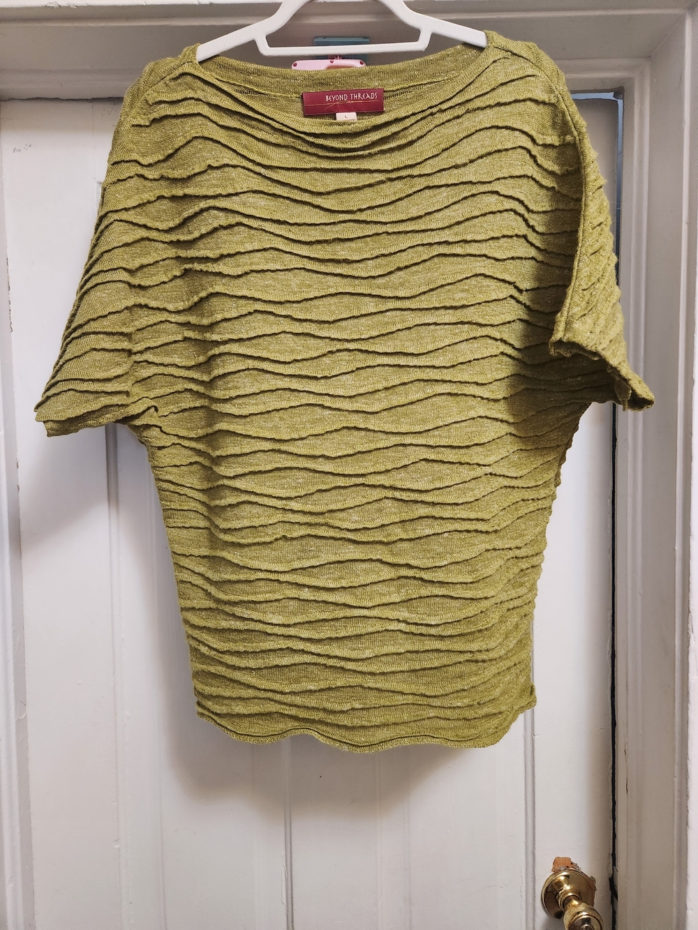 Beyond Threads Green Baby Alpaca Linen Wave Textured Boatneck Top Size L